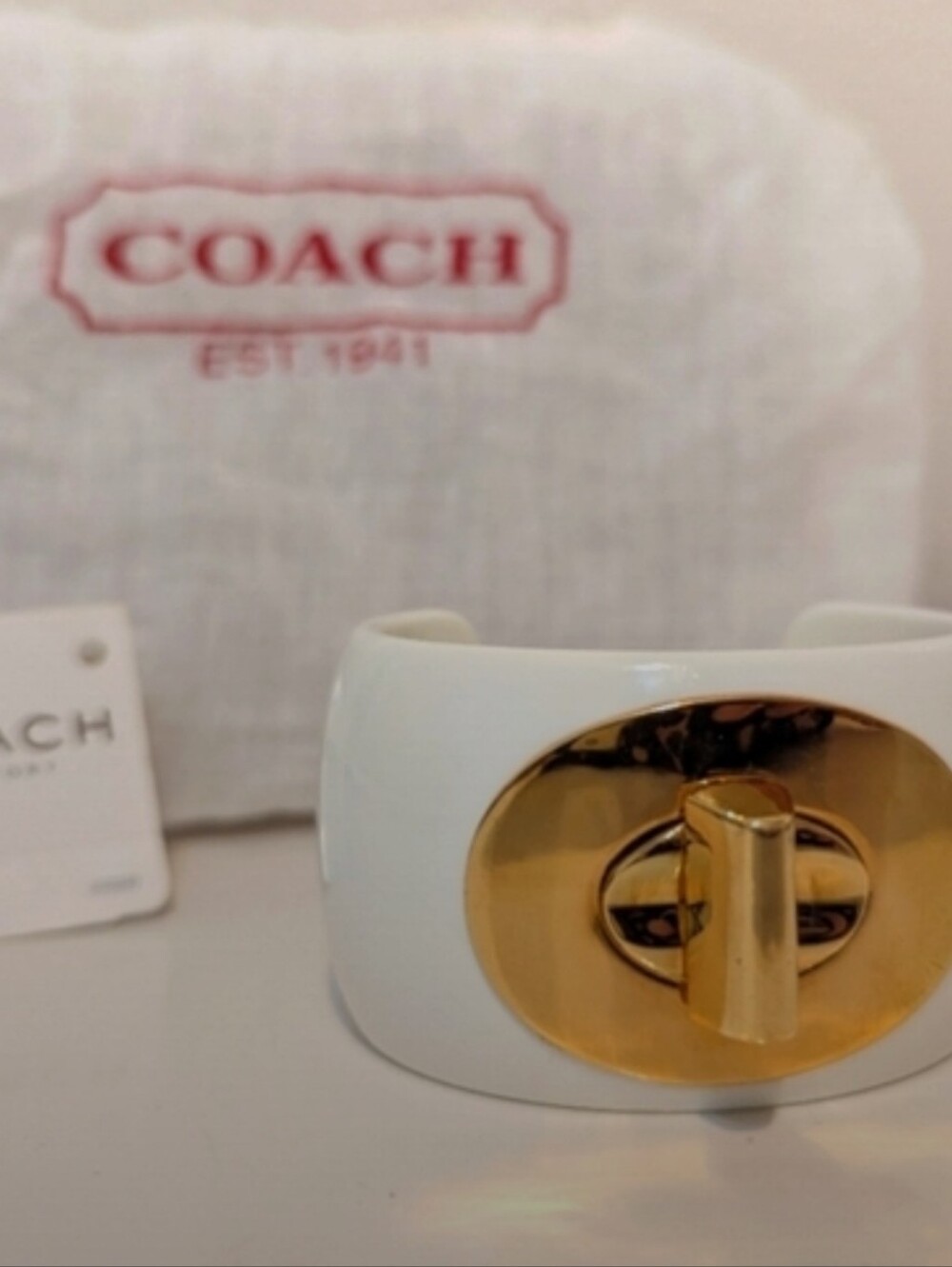 COACH Deadstock White Ceramic Cuff Bracelet with Gold Turnlock BNWT